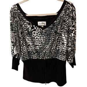 Joseph Ripkoff Vintage Semi Sheer V-Neck Blouse Zipper Waist, Black White, 12